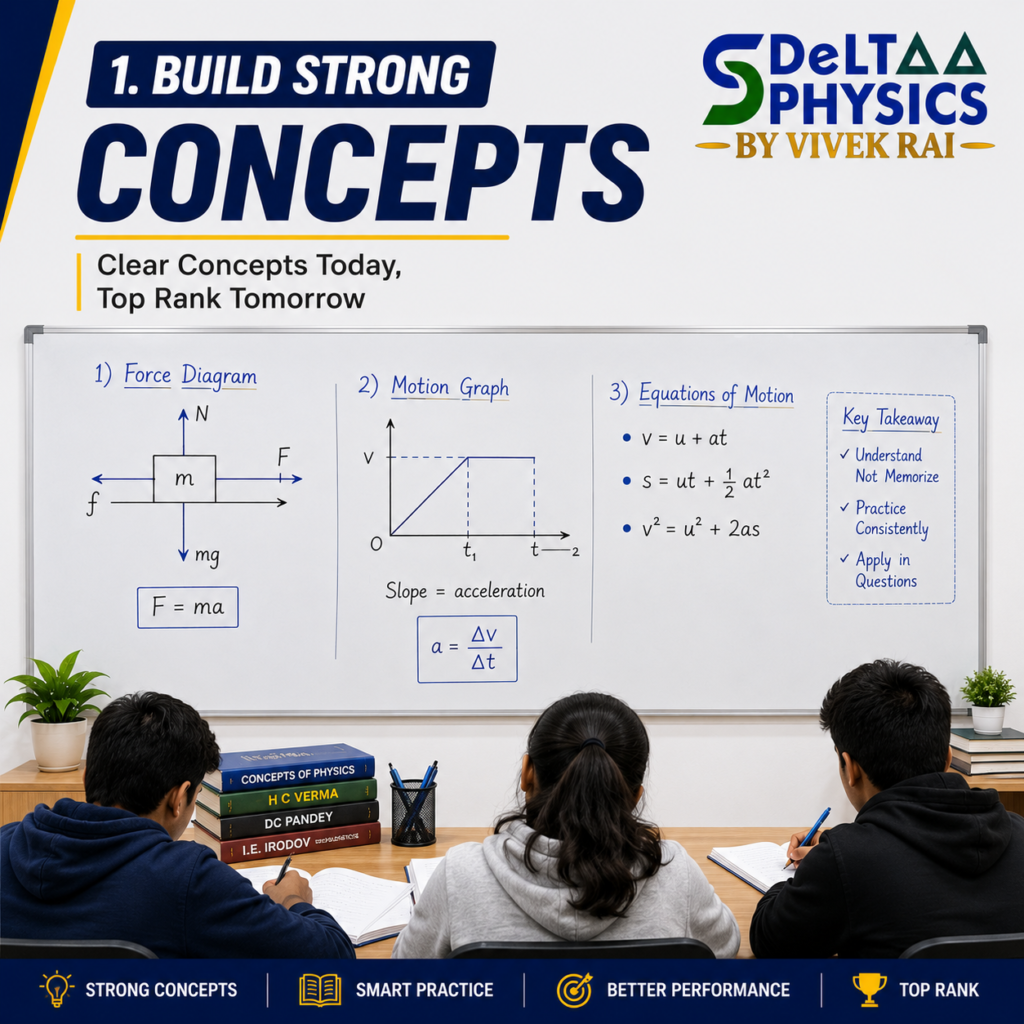 Physics teacher explaining concepts on a whiteboard while students take notes dduring a Deltaa Physics classroom session for NEET and JEE preparation.