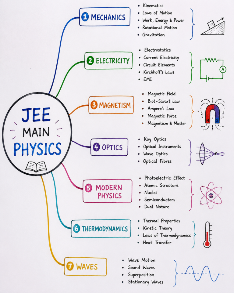 JEE Main Physics important chapters mind map showing Mechanics, Electricity, Magnetism, Optics, Modern Physics, Thermodynamics, and Waves with key topics for JEE Main 2027 preparation.